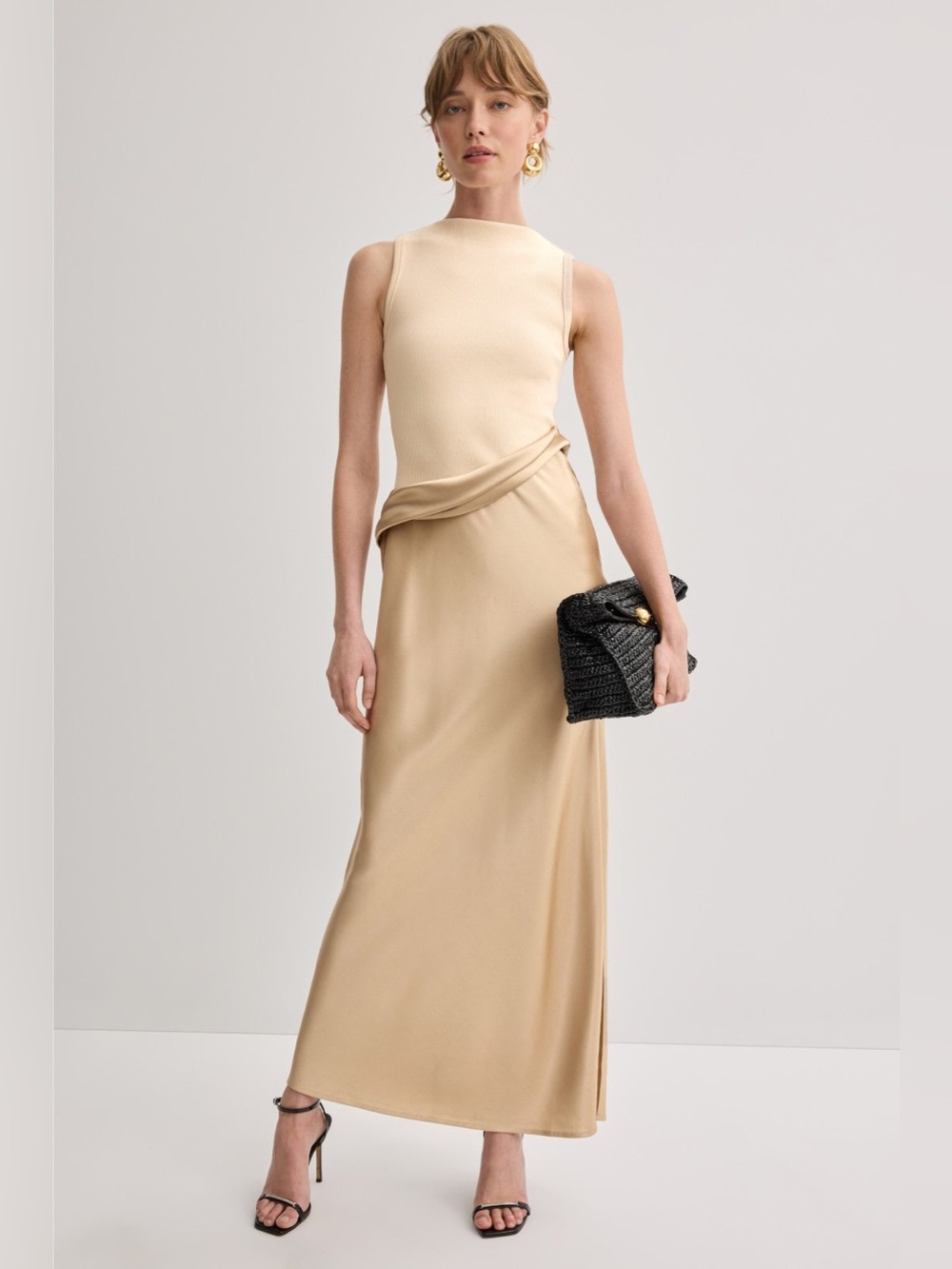 Nanushka Cobee Ribbed Jersey and Slip Satin Maxi Dress Dune/Creme Gold Tan, M